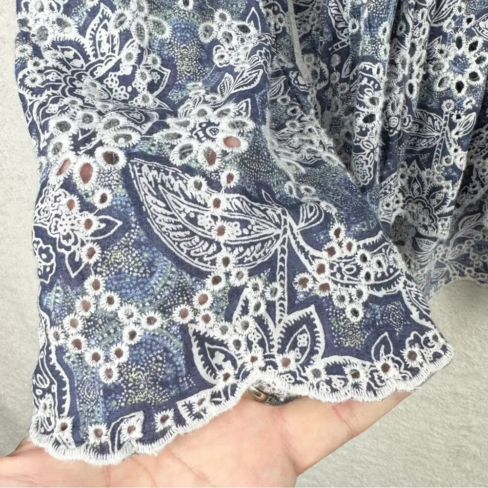 Free People Anissa Bed Jacket Eyelet Lace Tie Front Blue Combo Size S Beach Boho